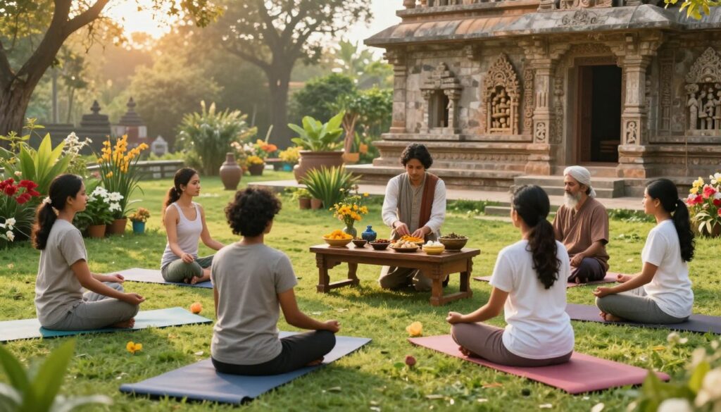 A serene and harmonious scene showcasing a holistic health system inspired by Ayurveda. In the foreground, a diverse group of individuals dressed in modest casual attire practices yoga and meditation on a lush green lawn surrounded by vibrant flowers and plants. In the middle ground, a practitioner gently prepares herbal remedies with traditional Ayurvedic ingredients, such as turmeric, ginger, and sacred plants, on a wooden table. The background features an ancient stone temple with intricate carvings, symbolizing the rich history of Ayurveda. Soft, golden light filters through the trees, creating a tranquil atmosphere. The setting conveys a sense of balance, peace, and wellness, inviting viewers to explore the holistic approach of Ayurvedic practices. The angle captures both the individuals and the artistic elements harmoniously, emphasizing interconnectedness between nature and health.