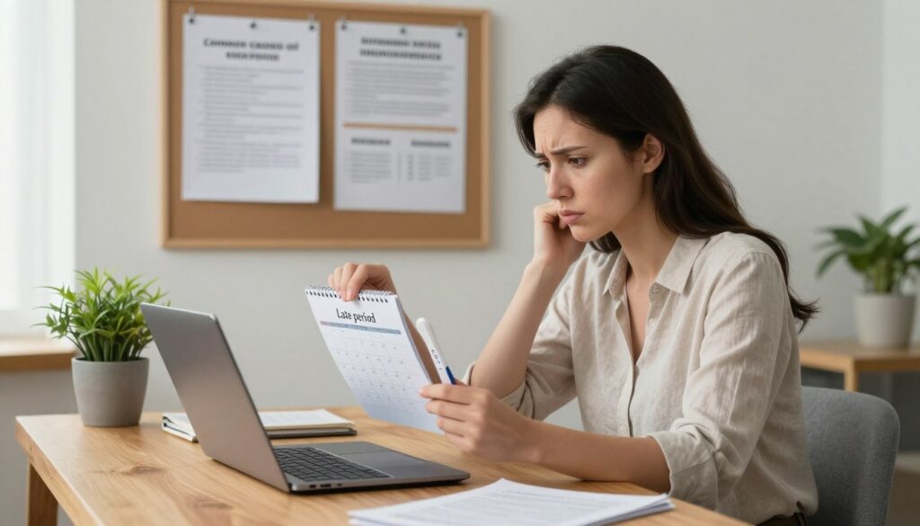A serene and informative scene depicting common causes of a late period. In the foreground, a professional woman in modest casual attire sits at a stylish wooden desk, examining a calendar and a negative home pregnancy test with a concerned expression. Her surroundings include a laptop, a potted plant, and medical references about menstrual health subtly placed around her. The middle ground features a wall-mounted bulletin board with pinned articles on stress, lifestyle changes, and hormonal imbalances, giving context to her situation. In the background, soft natural light filters through a window, creating a calm and reflective atmosphere. The angle is slightly above eye level, providing a comprehensive view of the scene, emphasizing the emotional aspects while maintaining a professional tone. The overall mood is one of contemplation and concern, resonating with the subject matter.