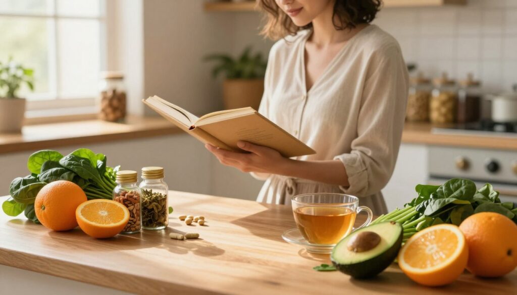 A serene and inviting kitchen setting filled with vibrant, fresh ingredients that promote menstrual health. In the foreground, a wooden table is adorned with colorful fruits and vegetables such as oranges, spinach, and avocados, alongside supplements and herbal teas known for their beneficial properties. In the middle ground, a woman in a modest casual outfit examines a recipe book thoughtfully, surrounded by a warm, golden sunlight filtering through a window. In the background, soft-focus shelves display jars of nuts and seeds, emphasizing a nurturing environment. The overall atmosphere is calm and supportive, creating a sense of well-being and empowerment related to nutritional choices. The image features soft lighting to enhance the inviting mood, taken with a slight top-down angle to capture the arrangement beautifully.