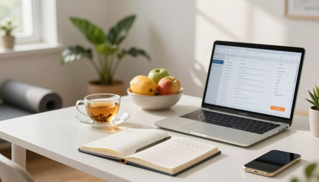 A serene and organized workspace depicting lifestyle factors affecting menstrual cycles. In the foreground, a clean desk with a planner opened to a calendar page, a cup of herbal tea, and a laptop showing health tracking apps. In the middle ground, a well-lit room with plants for a calming atmosphere, yoga mat neatly rolled up in a corner, and a bowl of fresh fruits to signify a healthy diet. The background features soft natural light filtering through a window, casting gentle shadows, creating a tranquil mood. This image should emphasize a balanced lifestyle with elements of mindfulness and health, capturing the essence of factors influencing menstrual health.