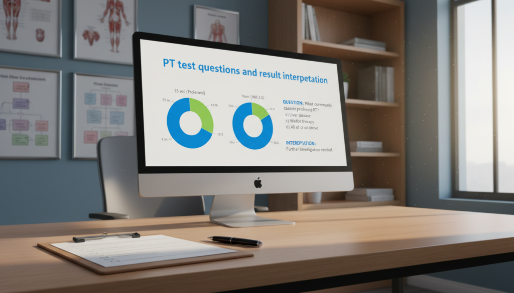 A serene and professional clinical setting, showcasing a modern consultation room with a focus on a desktop display featuring a digital interface of "PT test questions and result interpretation." In the foreground, a neatly arranged medical clipboard with an empty checklist and a pen. In the middle, a computer screen displaying colorful graphs representing PT results along with question prompts about prolonged PT. The background includes practical elements like charts on a wall, shelves filled with medical books, and a soft window light casting a warm glow, creating an atmosphere of professionalism and clarity. The angle should be slightly elevated, offering a clear view of the desk setup, inviting viewers into the informative space.