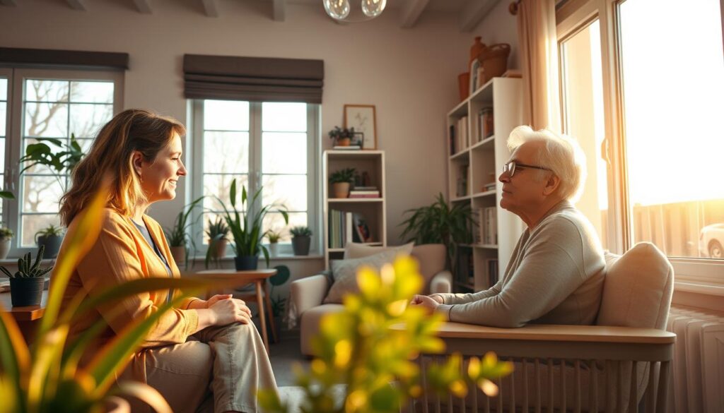 A serene and supportive mental health counseling session in a cozy home office. The foreground features a therapist and client engaged in a thoughtful discussion, their expressions conveying empathy and understanding. Warm natural lighting filters through large windows, casting a calming glow. The middle ground showcases soothing decor elements like potted plants, soft textiles, and a bookshelf filled with self-help resources. The background depicts a tranquil outdoor scene, hinting at the importance of connecting with nature for mental wellbeing. An atmosphere of trust, comfort, and healing permeates the space, reflecting the holistic approach to managing long COVID-related mental health challenges. A serene and supportive mental health counseling session in a cozy home office. The foreground features a therapist and client engaged in a thoughtful discussion, their expressions conveying empathy and understanding. Warm natural lighting filters through large windows, casting a calming glow. The middle ground showcases soothing decor elements like potted plants, soft textiles, and a bookshelf filled with self-help resources. The background depicts a tranquil outdoor scene, hinting at the importance of connecting with nature for mental wellbeing. An atmosphere of trust, comfort, and healing permeates the space, reflecting the holistic approach to managing long COVID-related mental health challenges.