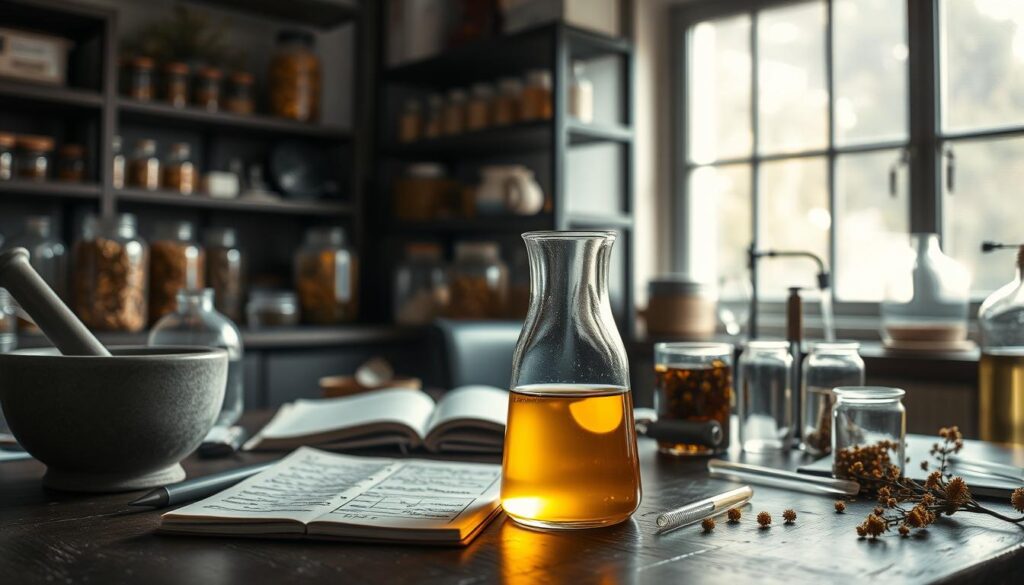 A serene, dimly lit laboratory workspace. In the foreground, a glass beaker filled with a golden-hued chamomile tincture rests on a dark wooden table, its contents casting a soft, warm glow. Surrounding the beaker are various scientific instruments - a mortar and pestle, glass pipettes, and a notebook open to detailed notes and sketches. In the middle ground, shelves hold jars of dried chamomile flowers and other herbal remedies, while a large window allows natural light to stream in, casting a gentle, diffused illumination across the scene. The background is blurred, hinting at further laboratory equipment and glassware, creating an atmosphere of scientific inquiry and exploration into the potential benefits of this ancient medicinal plant.