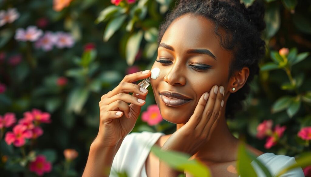 A serene garden setting with lush greenery and vibrant flowers in the background. In the foreground, a woman's hands gently apply a natural cream or serum to her face, focusing on areas of hyperpigmentation. The lighting is soft and diffused, creating a warm, comforting atmosphere. The woman's expression is one of calm and relaxation, as she engages in her natural skincare routine. The overall scene conveys a sense of wellness, self-care, and the use of holistic remedies to address the issue of hyperpigmentation.