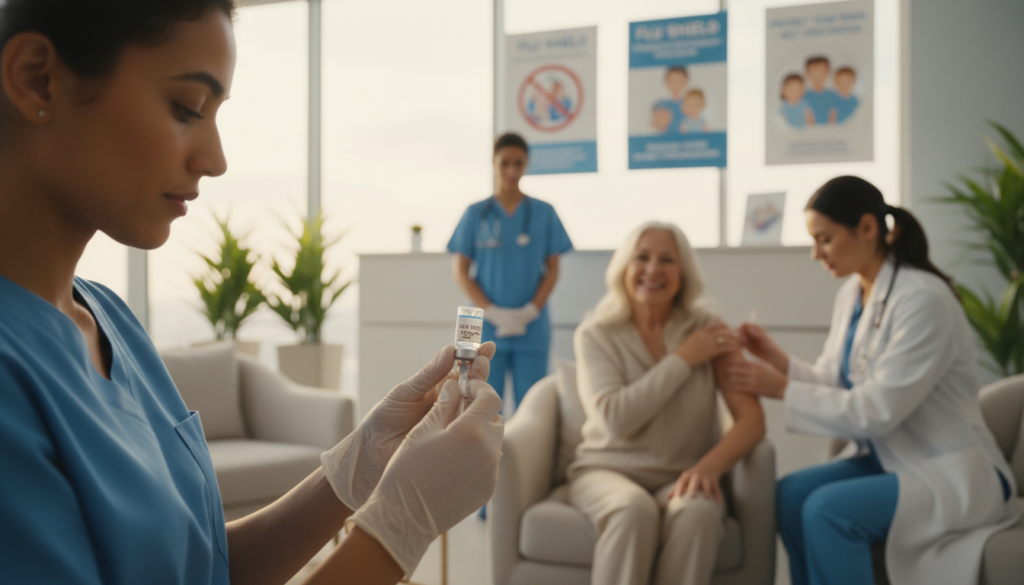 A serene healthcare setting featuring a diverse group of healthcare professionals in professional attire administering flu vaccinations to patients. In the foreground, a nurse is preparing a syringe with a flu vaccine, showcasing the focus on medical preparation. In the middle ground, a smiling elderly patient is sitting comfortably in a chair, receiving the vaccine, radiating a sense of relief and reassurance about their health. The background includes a well-lit clinic with posters about flu prevention strategies and a calm, inviting environment. The lighting is soft and warm, creating a friendly and encouraging atmosphere. A shallow depth of field emphasizes the subjects, drawing attention to the act of vaccination and health care.