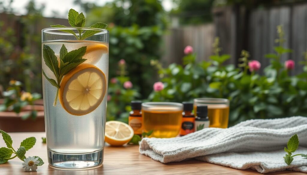 A serene, hydrating scene of natural PMS remedies. In the foreground, a glass of water with fresh lemon slices and mint leaves, reflecting a soft, natural light. In the middle ground, an arrangement of herbal teas, soothing essential oils, and a warm, damp towel. The background features a lush, tranquil garden with verdant foliage and a calming, overcast sky. The overall atmosphere conveys a sense of holistic, nourishing relief for the body and mind.
