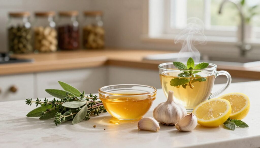 A serene kitchen countertop featuring various natural remedies for tonsillar exudate. In the foreground, display an assortment of fresh ingredients: delicate green herbs like thyme and sage, a cluster of vibrant garlic cloves, and slices of lemon, glistening with moisture. In the middle, include a small bowl of honey, exuding a golden hue, alongside a steaming cup of herbal tea with fresh mint leaves floating on top. The background should softly blur into a rustic wooden shelf lined with jars of dried spices and loose-leaf teas, bathed in warm, inviting light from a nearby window. The overall atmosphere is calm and soothing, promoting a sense of wellness and natural healing. Use a soft-focus lens effect to enhance the comforting vibe.