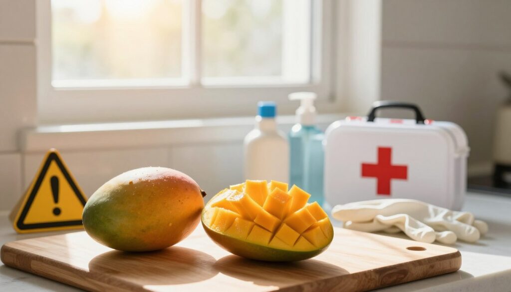 A serene kitchen scene depicting a mango on a cutting board, with a focus on potential allergies and safety precautions. In the foreground, a ripe mango is cut in half, displaying its vibrant orange flesh. Beside it, a variety of allergy warning symbols, such as a caution sign and an eye-catching red cross, are subtly integrated into the composition. In the middle ground, a well-organized array of precautionary items, like gloves and a first-aid kit, hints at safety measures. The background should feature a warm, sunny window with soft, natural light flooding the room, creating a welcoming atmosphere. Soft shadows emphasize the textures of the mango and items, but maintain a professional and informative tone throughout the image.