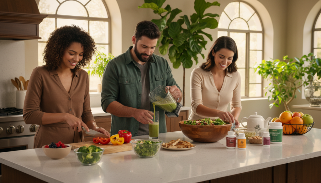 A serene kitchen setting with a warm, inviting atmosphere. In the foreground, a diverse group of three adults, dressed in smart casual clothing, are engaged in meal prep with fresh, colorful vegetables, whole grains, and lean proteins. One person is chopping vegetables, another is pouring a smoothie into a glass, and the third is organizing immune-supportive supplements like vitamin C and probiotics on the countertop. In the middle ground, a large bowl of salad, a pot of herbal tea, and a fruit basket are displayed, symbolizing healthy choices. The background features soft, natural light streaming through a window, illuminating houseplants that symbolize vitality. The overall mood conveys a sense of health, cooperation, and positivity, aimed at inspiring viewers to adopt lifestyle modifications for immune support.