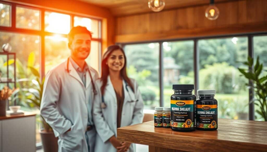 A serene medical clinic nestled in a lush garden, with Manna Shilajit prominently displayed on a wooden counter. Warm natural lighting floods the space, creating a calming atmosphere. In the foreground, a doctor in a crisp white coat consults with a patient, their faces radiating trust and compassion. The middle ground features displays of Manna Shilajit products, their earthy tones and organic textures conveying the ancient roots of this Ayurvedic remedy. The background showcases a panoramic view of the verdant outdoor landscape, symbolizing the harmony between modern healthcare and traditional herbal practices. The overall scene emanates a sense of holistic wellbeing and integrative medicine.