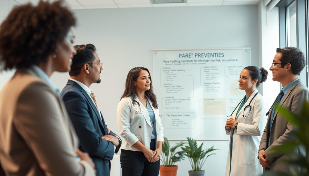 A serene medical office setting as the foreground, featuring a diverse group of healthcare professionals in professional business attire, engaged in a collaborative discussion about prevention strategies for a rare vomiting condition. The middle ground includes a large, clear glass whiteboard with diagrams and notes highlighting key methods for minimizing the risk of recurrence, surrounded by potted plants adding a touch of warmth. The background shows a calming color palette, with soft lighting filtering through large windows, creating a peaceful and optimistic atmosphere. A slight depth of field creates focus on the professionals, with a clean, organized environment conveying order and safety, while emphasizing the importance of proactive health management.