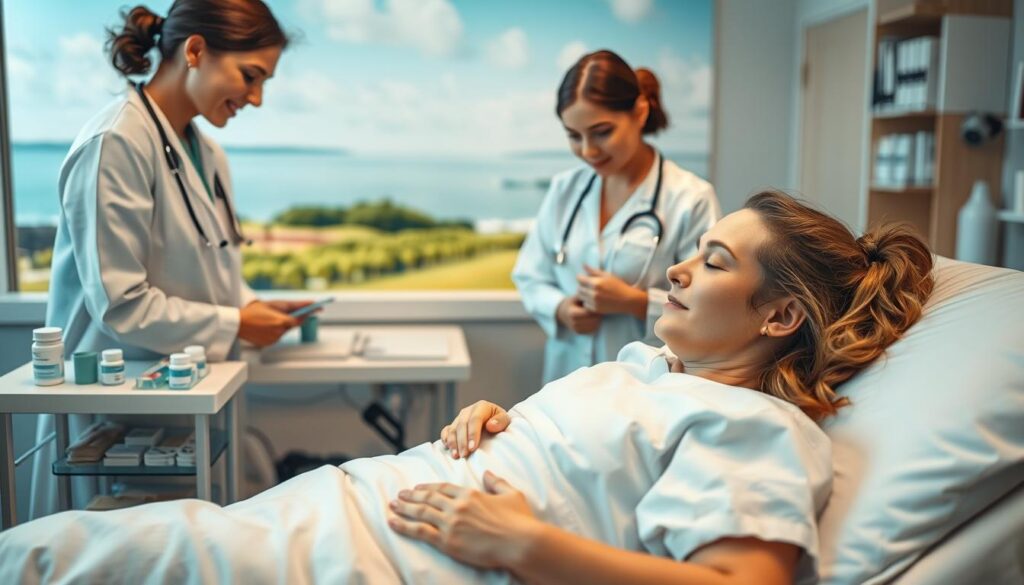 A serene medical setting with a patient resting comfortably, surrounded by a team of attentive healthcare professionals. The foreground features the patient, their expression calm and reassured, as they receive guidance from a compassionate nurse. The middle ground showcases a variety of medication and treatment options, each meticulously labeled and organized. In the background, a soothing landscape with natural elements, such as a tranquil garden or a calming seascape, creates a sense of peace and healing. The lighting is soft and warm, enhancing the overall atmosphere of care and well-being. The camera angle is slightly elevated, providing a reassuring perspective and a sense of the patient's journey towards recovery.