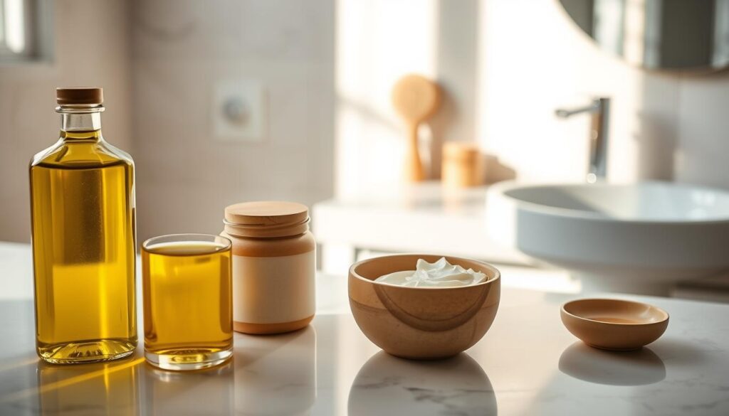 A serene, minimalist bathroom setting. In the foreground, an array of natural skincare products - a glass bottle of olive oil, a ceramic jar of homemade facial scrub, and a small wooden bowl of creamy moisturizer. Soft, diffused lighting from a window illuminates the scene, casting gentle shadows. In the middle ground, a marble vanity with a clean, uncluttered layout holds a few essential tools - a natural bristle brush, a jade facial roller, and a small ceramic dish. The background features neutral-toned tiles and a simple, modern sink. An atmosphere of calm and intention pervades the space, inviting the viewer to envision their own daily skincare ritual infused with the nourishing benefits of olive oil.