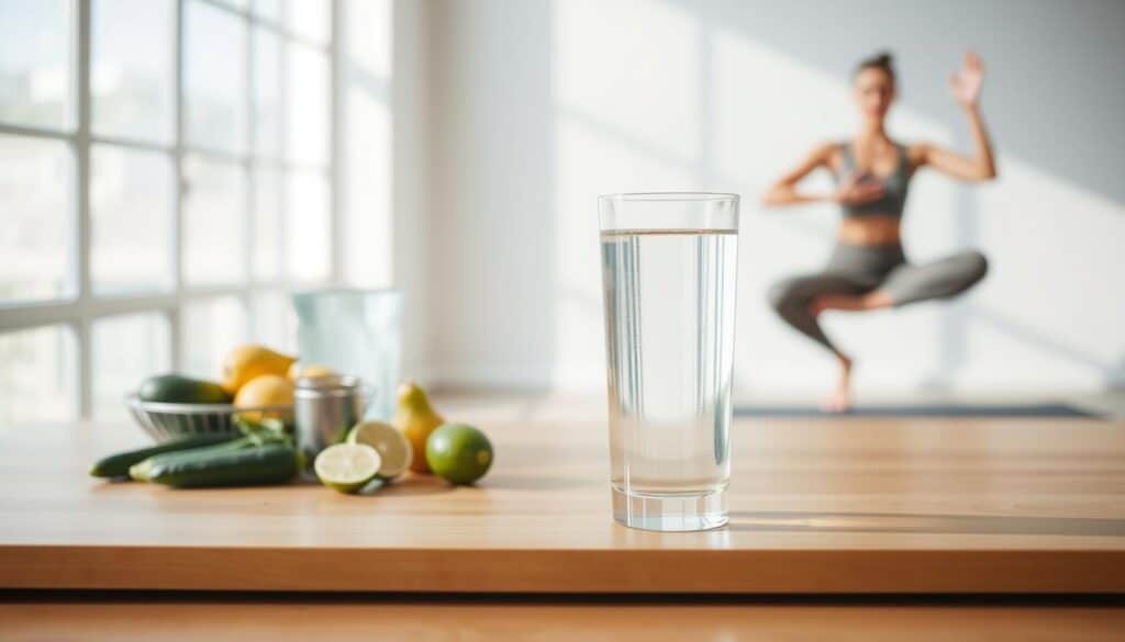 A serene, minimalist scene depicting hydration and lifestyle strategies for managing postural orthostatic tachycardia syndrome (POTS). In the foreground, a glass of cool water sits on a sleek, wooden table, reflecting the soft, natural light filtering through large, airy windows. Behind it, an array of hydration-boosting fruits and vegetables, such as cucumbers, lemons, and limes, are neatly arranged, conveying a sense of balance and intentionality. In the background, a person dressed in comfortable, athletic attire is shown performing gentle stretches or yoga poses, emphasizing the importance of movement and mindfulness in managing POTS symptoms. The overall atmosphere is calming, inviting, and well-suited to illustrate strategies for managing this condition.
