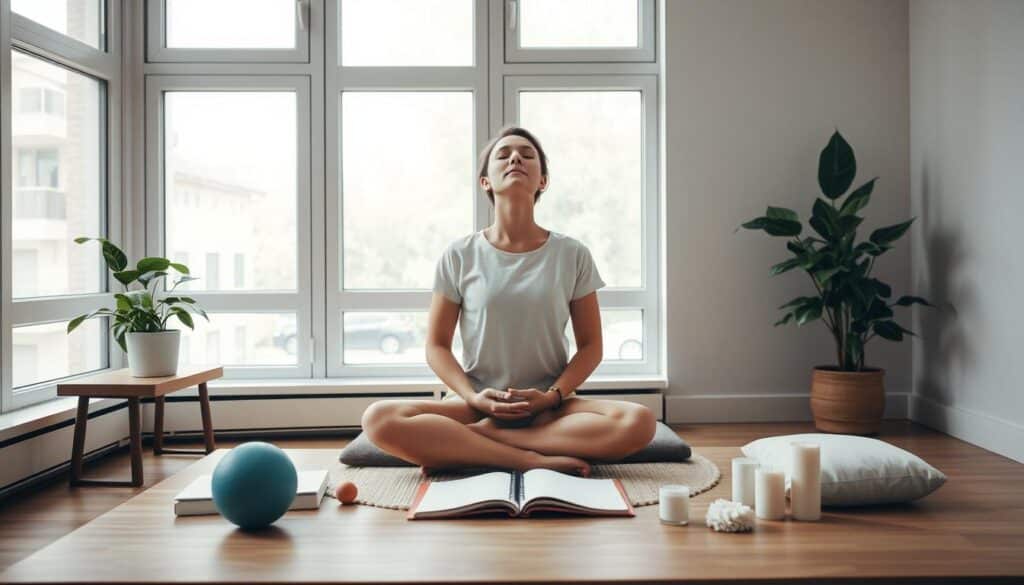 A serene, minimalist study space with a wooden desk, a potted plant, and a meditation cushion. Soft, diffused natural lighting filters through large windows, creating a calming atmosphere. In the foreground, a person sits cross-legged, eyes closed, practicing deep breathing exercises. Surrounding them are various stress management tools such as a stress ball, a journal, and a set of aromatherapy candles. The overall scene evokes a sense of tranquility and inner focus, illustrating effective techniques for overcoming test anxiety and maintaining concentration.