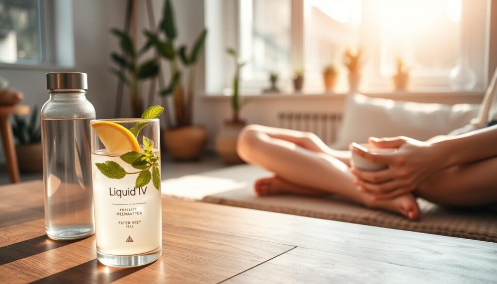 A serene morning scene, bathed in soft, natural light streaming through large windows. In the foreground, a glass of refreshing Liquid IV beverage sits on a wooden table, complemented by a reusable water bottle, a lemon wedge, and a sprig of fresh mint. In the middle ground, a person's hands are gently clasping a warm mug of herbal tea, while they sit cross-legged on a plush, neutral-toned rug. The background features a minimal, airy living space with potted plants and understated decor, conveying a sense of mindfulness and balanced daily wellness.