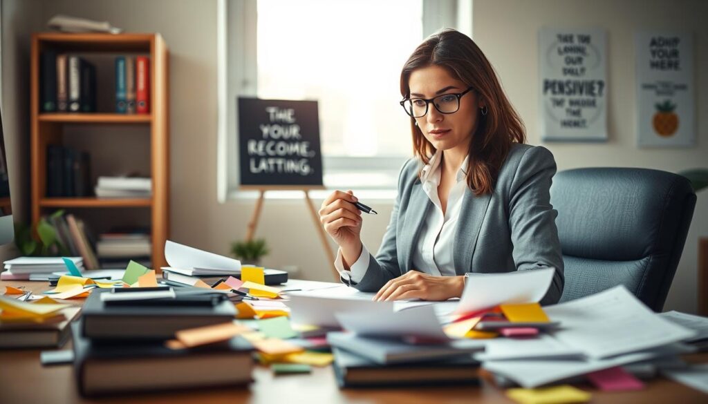 A serene office setting focusing on a professional woman in her 30s, dressed in business attire, sitting at a desk cluttered with colorful sticky notes and scattered papers, representing the challenges of ADHD symptoms. In the foreground, her expression shows a mixture of concentration and distraction, while fidgeting with a pen. The middle ground features soft natural light from a window, illuminating the desk area, creating a warm and inviting atmosphere. In the background, shelves with books and motivational posters are visible, emphasizing self-improvement and organization. The composition captures the complexity of recognizing ADHD in women, conveying a sense of understanding and empathy in a subtle, professional manner.