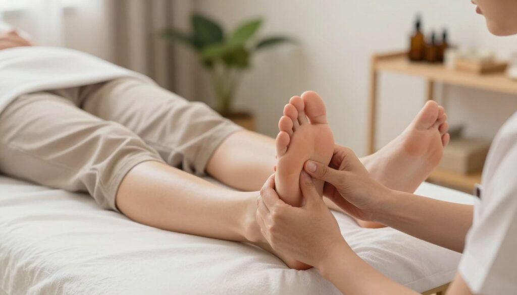 A serene reflexology session in a well-lit room, featuring a professional therapist demonstrating the technique on a client’s foot. The foreground captures the therapist’s hands gently applying pressure to specific reflexology zones on the client's foot, highlighting the thumb and finger techniques. The middle section shows the client relaxed on a massage table, wearing modest, comfortable clothing. The background includes soft, calming colors, with a few plants and essential oils visible on a nearby shelf, creating a tranquil atmosphere. Soft, diffused lighting enhances the peaceful mood, with a focus on the intimate yet professional nature of the session. The angle is slightly overhead, allowing for clear visibility of the reflexology techniques being demonstrated.