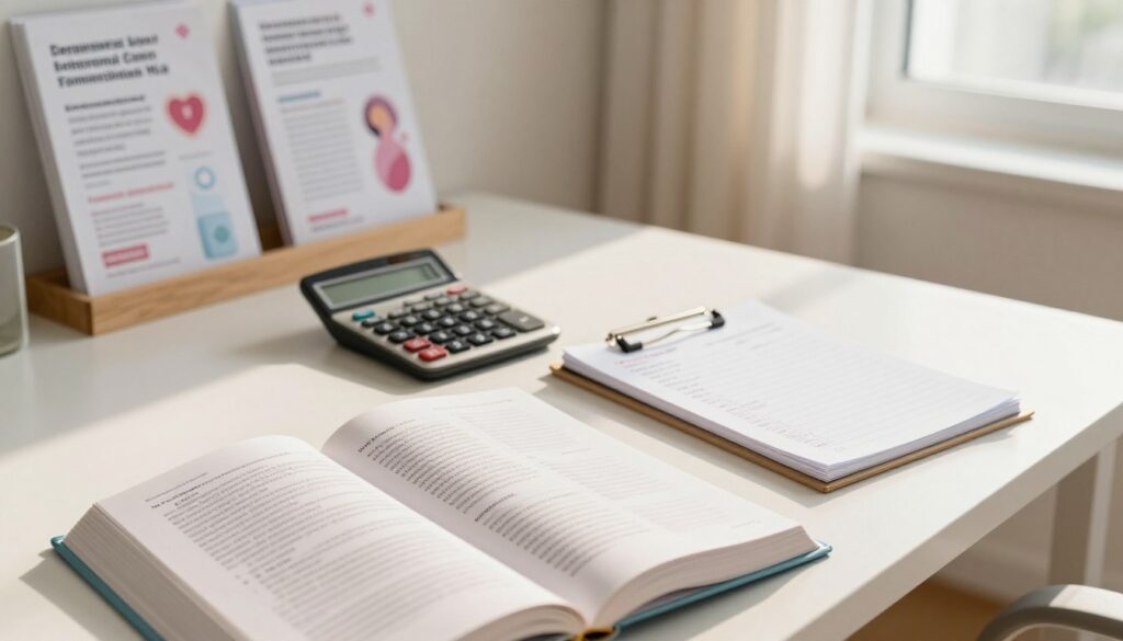 A serene, softly lit environment representing a consultation room in a healthcare setting, focusing on a stylish, modern desk. In the foreground, an open medical textbook detailing contraceptive methods and their effects on the menstrual cycle. In the middle, a calculator and a notepad filled with notes on ovulation and menstrual tracking. In the background, a well-organized shelf with health pamphlets related to reproductive health, contraception, and menstrual education. Warm, natural lighting filters through a window, casting gentle shadows, creating a calm and informative atmosphere. The overall mood is professional and reassuring, inviting readers to explore the connection between contraceptives and menstrual cycle changes.