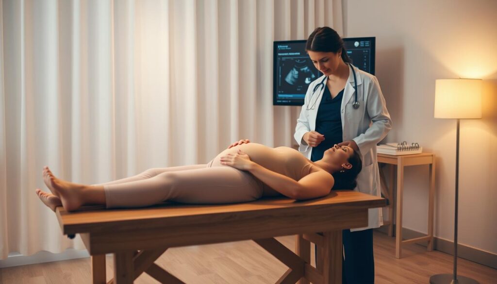 A serene, softly-lit medical examination room. On a wooden table, a pregnant woman lies calmly, her hands resting gently on her belly. An attentive doctor stands beside her, carefully examining the ultrasound image on a nearby screen. The room is bathed in a warm, soothing glow, conveying a sense of care and professionalism. The woman's expression is one of trust and reassurance, as the doctor explains the necessary precautions for her Briumvi treatment during this delicate stage of her pregnancy. A serene, softly-lit medical examination room. On a wooden table, a pregnant woman lies calmly, her hands resting gently on her belly. An attentive doctor stands beside her, carefully examining the ultrasound image on a nearby screen. The room is bathed in a warm, soothing glow, conveying a sense of care and professionalism. The woman's expression is one of trust and reassurance, as the doctor explains the necessary precautions for her Briumvi treatment during this delicate stage of her pregnancy.
