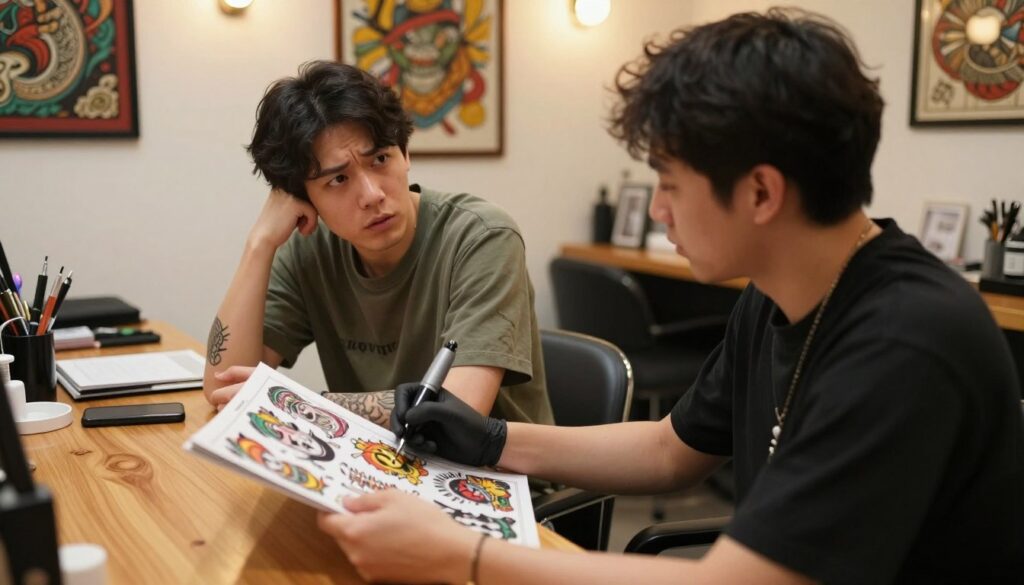 A serene tattoo studio consultation scene featuring a knowledgeable tattoo artist in professional attire, engaging with a client who is attentively listening. In the foreground, the artist is seated at a polished wooden table, displaying a colorful tattoo portfolio filled with various designs. The client, dressed in casual but modest clothing, looks slightly apprehensive but curious, with a focus on their facial expression. In the middle ground, tattoo equipment can be seen neatly organized, and soothing tattoo-inspired art adorns the walls. The background reveals a warm, inviting atmosphere with soft lighting, creating a relaxed environment. The angle is slightly elevated, providing a clear view of both the artist and client, promoting a sense of dialogue and trust in the consultation process.