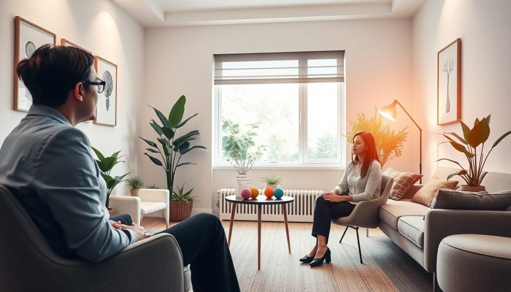 A serene therapy room designed for cognitive behavioral therapy focused on ADHD techniques. In the foreground, a therapist wearing professional business attire is sitting across from a client, both engaged in a conversation. The middle ground features a soothing, minimalist layout with a cozy couch, a small table with therapy tools like stress balls, and visual aids illustrating cognitive techniques. Soft, natural light filters through a large window, creating a calm, inviting atmosphere. In the background, calming artwork and greenery promote relaxation. The overall mood is supportive and encouraging, reflecting a safe space for therapeutic interventions. The image captures the essence of effective behavioral strategies, illuminated in warm tones.