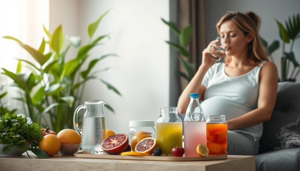 A serene, well-lit indoor scene depicting a pregnant woman seated comfortably, sipping from a glass of water. In the middle ground, various hydration-boosting items are neatly arranged, including a pitcher of water, a variety of fresh fruits, and electrolyte-rich beverages. The background features lush, verdant plants, creating a calming, natural atmosphere. Soft, diffused lighting illuminates the scene, emphasizing the woman's peaceful, attentive expression as she focuses on her hydration routine. The overall composition conveys a sense of balance, wellness, and the importance of proper hydration during pregnancy.
