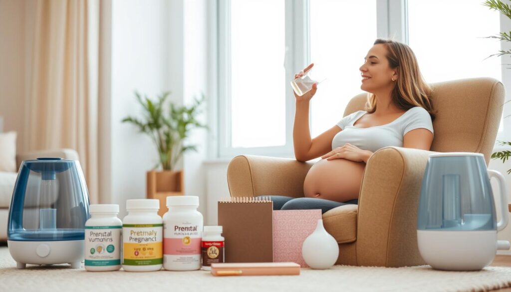 A serene, well-lit interior scene depicting a pregnant woman sitting comfortably on a plush armchair, hydrating by sipping from a glass of water. The woman's expression conveys a sense of calm and mindfulness. In the middle ground, various pregnancy-related items are tastefully displayed, such as prenatal vitamins, a pregnancy journal, and a humidifier. The background features soft, neutral tones and natural lighting filtering through large windows, creating a warm and inviting atmosphere. The overall composition emphasizes the importance of staying hydrated and the need for self-care during pregnancy.