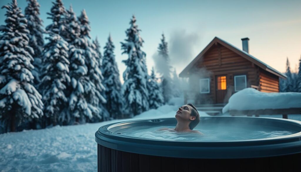 A serene winter landscape, with a wooden cabin nestled amidst snow-covered pines. In the foreground, a steaming hot tub is set into the ground, its occupant immersed in the chilly water, eyes closed in blissful relaxation. Soft, diffused lighting illuminates the scene, casting a warm glow on the cabin's exterior. The air is crisp and clear, with a hint of steam rising from the tub. The overall atmosphere evokes a sense of tranquility and the therapeutic benefits of contrasting hot and cold experiences.