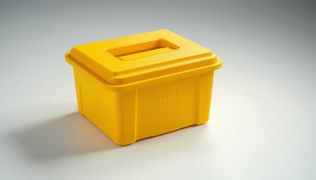 A sharps disposal container rests on a clean, well-lit surface, its bright yellow color contrasting against the neutral background. The container is rectangular in shape, with a sturdy plastic construction and a secure lid. The surface is textured, suggesting a matte finish. The lighting is soft and diffused, creating subtle shadows that accentuate the container's form. The angle is slightly elevated, providing a clear, unobstructed view of the disposal unit. The overall mood is one of clinical efficiency and responsible medical waste management. A sharps disposal container rests on a clean, well-lit surface, its bright yellow color contrasting against the neutral background. The container is rectangular in shape, with a sturdy plastic construction and a secure lid. The surface is textured, suggesting a matte finish. The lighting is soft and diffused, creating subtle shadows that accentuate the container's form. The angle is slightly elevated, providing a clear, unobstructed view of the disposal unit. The overall mood is one of clinical efficiency and responsible medical waste management.