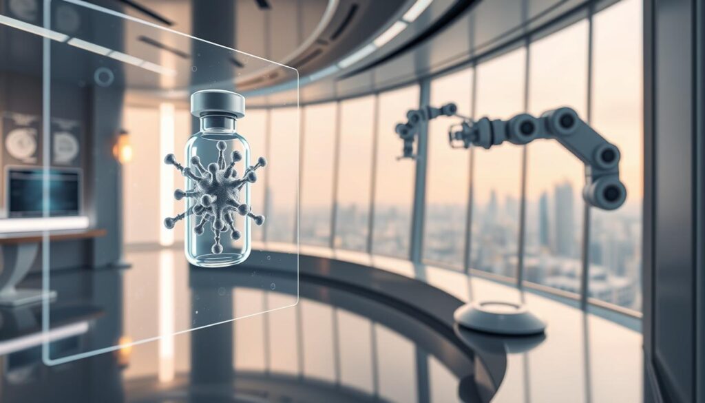 A shimmering future of immunizations, where cutting-edge technologies converge to safeguard health. In the foreground, a holographic display showcases the intricate structure of a novel vaccine, its molecular components intricately interwoven. In the middle ground, a robotic arm precisely administers the dose, guided by a network of sensors and AI algorithms. The background depicts a sleek, futuristic medical facility, with gleaming surfaces and an atmosphere of scientific innovation. Soft, diffused lighting casts an ethereal glow, while a panoramic window offers a glimpse of the city skyline, symbolizing the global reach of this medical advancement.