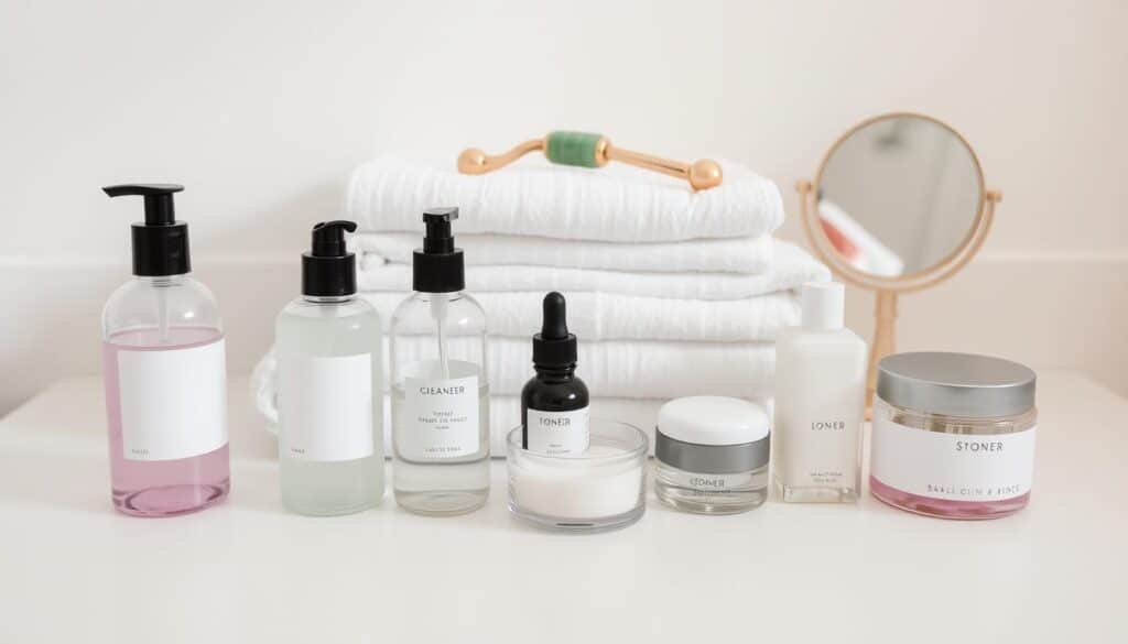 A simple, affordable skin care routine set up on a white countertop. In the foreground, glass bottles and jars containing cleanser, toner, serum, and moisturizer products. The middle ground features clean white towels, a jade roller, and a small makeup mirror. The background has soft, diffused lighting, creating a calming, spa-like atmosphere. The arrangement conveys a sense of order, self-care, and accessible luxury. The overall style is minimalist, with muted colors and natural textures to showcase the essentials of an effective, beginner-friendly skin care routine. A simple, affordable skin care routine set up on a white countertop. In the foreground, glass bottles and jars containing cleanser, toner, serum, and moisturizer products. The middle ground features clean white towels, a jade roller, and a small makeup mirror. The background has soft, diffused lighting, creating a calming, spa-like atmosphere. The arrangement conveys a sense of order, self-care, and accessible luxury. The overall style is minimalist, with muted colors and natural textures to showcase the essentials of an effective, beginner-friendly skin care routine.