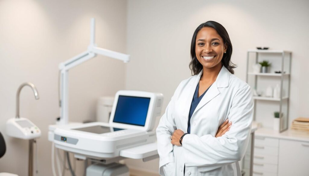 A skilled laser practitioner standing confidently in a clean, well-lit medical office. The practitioner wears a crisp white lab coat and has a warm, professional demeanor. Behind them, a state-of-the-art laser device sits on a sleek, modern workstation, with various medical equipment and supplies neatly arranged. The room is bathed in a soft, diffused lighting, creating a calming and inviting atmosphere. The overall scene conveys a sense of expertise, reliability, and a commitment to providing high-quality laser treatment for skin discoloration.