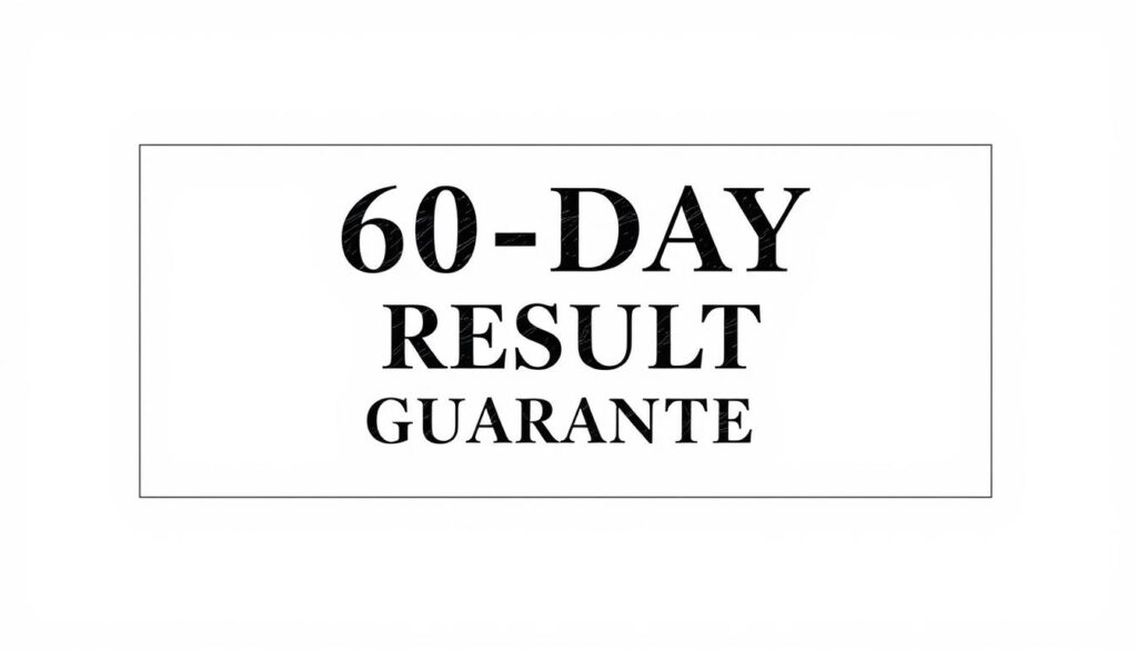 A sleek and modern guarantee certificate against a stark white background, with a prominent "60-DAY RESULT GUARANTEE" text prominently displayed in a bold, elegant typeface. The certificate is presented in a minimalist, high-contrast style, with clean lines and an understated aesthetic. The layout is balanced and visually appealing, drawing the viewer's attention to the key guarantee details. Subtle textures, such as a slight paper grain or embossed elements, add depth and tactility to the image. The overall impression is one of confidence, reliability, and a commitment to customer satisfaction.
