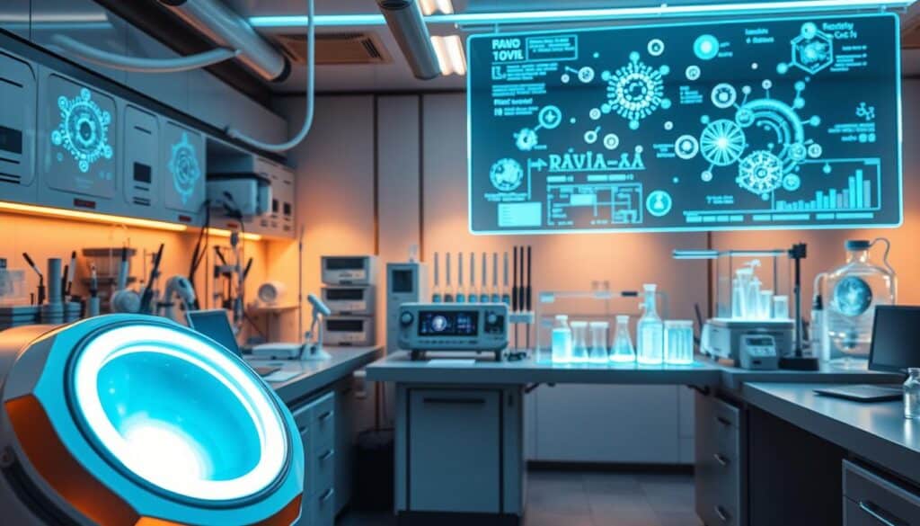 A sleek, futuristic laboratory setting with advanced scientific equipment and glowing bio-renewal technology displays. In the foreground, a central piece of equipment emits a soft, mesmerizing light, hinting at the cutting-edge nature of the Revive technology. The middle ground features various diagnostic tools, pipettes, and other high-tech instruments, while the background showcases an array of test tubes, beakers, and a large holographic display showing molecular structures and data visualizations. The lighting is warm and inviting, creating an atmosphere of innovation and discovery. The overall scene conveys a sense of progress, scientific rigor, and the transformative power of Revive's Bio-Renewal Technology.