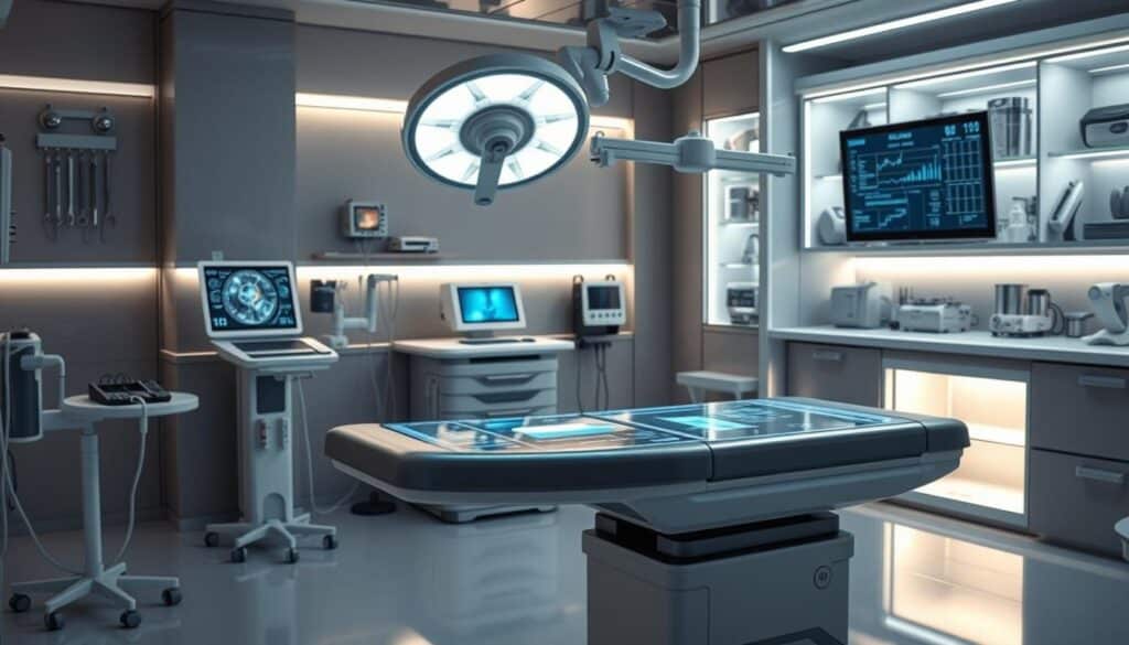 A sleek, futuristic medical suite filled with cutting-edge urological instruments. In the foreground, a high-tech examination table with adjustable lighting and holographic displays showcasing real-time patient data. The middle ground features a robotic arm with precision surgical tools, complemented by a wall-mounted touchscreen console. In the background, illuminated cabinets house an array of advanced diagnostic equipment, casting a soft, ambient glow over the scene. The overall atmosphere is one of clinical sophistication, reflecting the latest advancements in urological technology and patient care. A sleek, futuristic medical suite filled with cutting-edge urological instruments. In the foreground, a high-tech examination table with adjustable lighting and holographic displays showcasing real-time patient data. The middle ground features a robotic arm with precision surgical tools, complemented by a wall-mounted touchscreen console. In the background, illuminated cabinets house an array of advanced diagnostic equipment, casting a soft, ambient glow over the scene. The overall atmosphere is one of clinical sophistication, reflecting the latest advancements in urological technology and patient care.