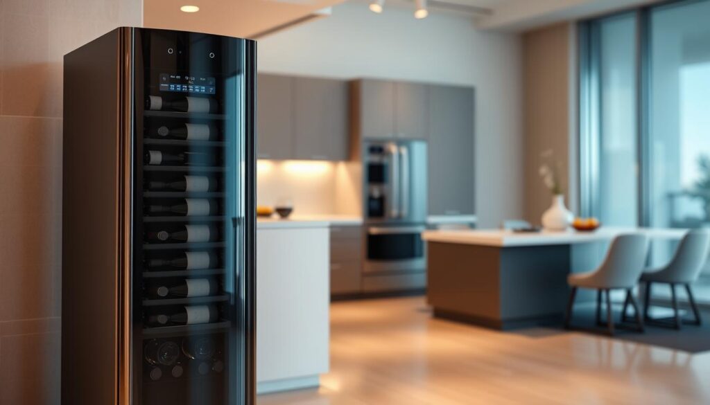 A sleek, high-tech wine preservation system standing prominently in the foreground, its glossy, metallic exterior gleaming under the warm, diffused lighting. The system features a clear, tempered glass front panel, allowing a glimpse of the wine bottles nestled inside, their labels visible. In the middle ground, a modern, minimalist kitchen setting with clean, white countertops and sleek, stainless-steel appliances. The background is a softly blurred, sophisticated living space, hinting at the system's integration into a luxurious, design-conscious environment.