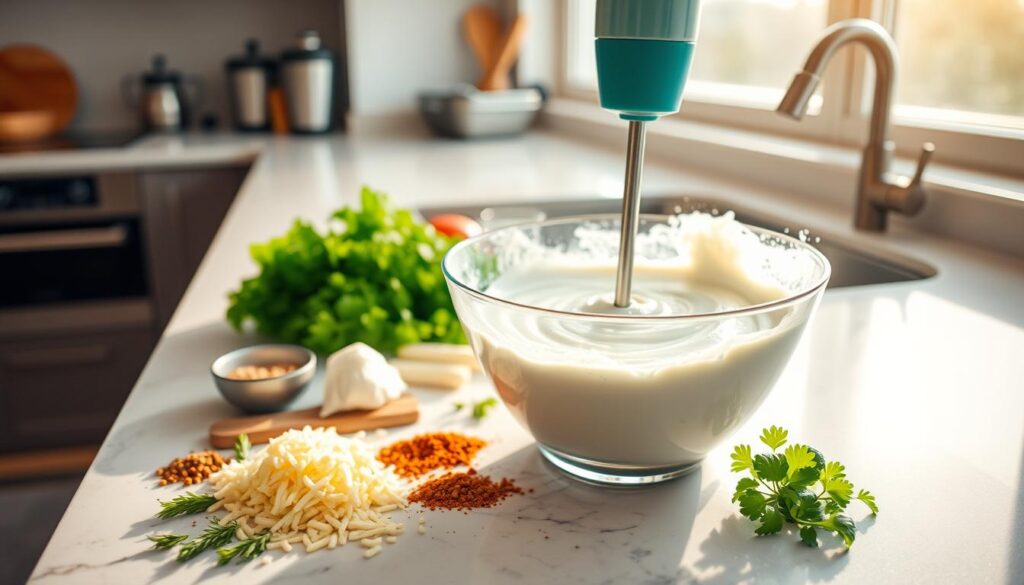 A sleek kitchen countertop, bathed in warm, natural lighting from a large window. In the foreground, a smooth, creamy ranch dip is being expertly blended with a handheld mixer, its luscious texture and tantalizing aroma filling the air. Surrounding the mixing bowl, an assortment of fresh herbs, spices, and other ingredients, neatly arranged, waiting to be incorporated into the dip. The scene conveys a sense of effortless culinary prowess, inviting the viewer to imagine the delightful flavor and texture of this homemade ranch dip.
