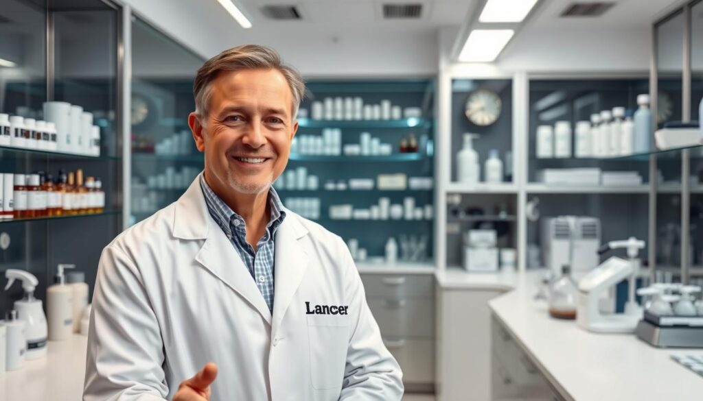 A sleek, modern laboratory setting with state-of-the-art skincare equipment and products prominently displayed. In the foreground, a middle-aged Caucasian man in a lab coat, presumably Dr. Harold Lancer, stands with a warm, professional demeanor, gesturing towards the camera. The lighting is soft and flattering, casting a subtle glow on his face. In the background, shelves and cabinets filled with high-end skincare formulas, beakers, and other scientific instruments, conveying an atmosphere of expertise and innovation. The overall mood is one of confidence, authority, and a commitment to the latest dermatological advancements.
