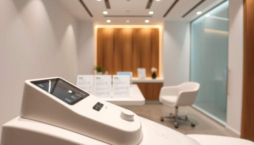 A sleek, modern medical clinic interior with soft lighting and a soothing ambiance. In the foreground, a close-up view of a high-tech laser device used for pigmentation removal, its precise, adjustable components and controls visible. In the middle ground, a consultation table with informative materials about the treatment process and associated costs, presented in a clean, minimalist style. In the background, clinical yet warm decor elements like wood accents and neutral-toned walls, conveying professionalism and trust. The overall scene reflects the advanced technology, personalized care, and transparent pricing of a top-tier pigmentation removal laser treatment.