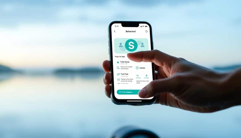 A sleek, modern mobile app interface with a clean, minimalist design. The app's home screen features a large, eye-catching icon representing a behavioral support tool, with a soothing blue-and-green color scheme. In the foreground, a user's hand interacts with the app, navigating through various features and tools to track their personal progress and access support resources. The background depicts a serene, calming landscape, hinting at the app's emphasis on mindfulness and emotional well-being. The overall atmosphere is one of calm, focus, and empowerment, reflecting the app's purpose of integrating behavioral support into the user's daily life.