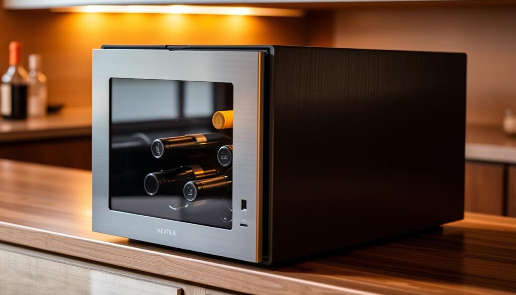 A sleek, modern wine preservation system rests on a polished wooden countertop, its brushed stainless steel exterior gleaming under warm, ambient lighting. The system's minimalist design features a transparent glass door, revealing the carefully curated selection of wine bottles within. Subtle LED indicators and intuitive controls suggest the system's advanced temperature and humidity regulation capabilities, ensuring the optimal conditions for preserving the wine's flavor and aroma. The scene conveys a sense of sophistication and attention to detail, reflecting the user's passion for wine and commitment to its proper storage and enjoyment.