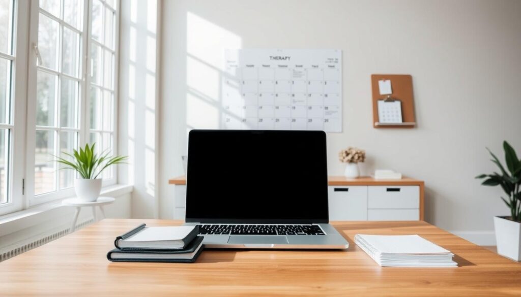 A spacious home office with natural light filtering through large windows. A wooden desk takes center stage, its surface neatly organized with a laptop, a planner, and a stack of appointment cards. On the wall behind the desk, a minimalist calendar displays a range of time slots, showcasing the scheduling options for therapy sessions. The room has a calming, professional atmosphere, with neutral tones and subtle textures creating a serene environment conducive to productive discussions about mental health care. A sense of order and attention to detail conveys the therapist's commitment to providing a tailored, compassionate experience for their clients.