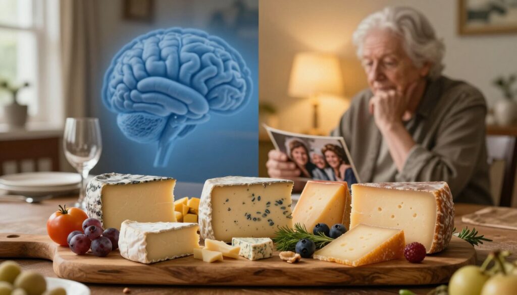 A split scene depicting the contrasts between Vascular Dementia and Alzheimer’s, centered around a beautiful, rustic cheese platter. In the foreground, a diverse selection of cheeses is arranged artfully on a wooden board, with vibrant fruits, nuts, and herbs scattered around. On one side, a symbolic representation of Vascular Dementia: a soft blue hue with blurred edges, representing reduced blood flow to the brain. On the other, a warm, golden light illustrating Alzheimer’s, with sharper details around an elderly person gently pondering while looking at family photos. The background features a cozy dining room ambiance with soft, natural lighting, enhanced by a shallow depth of field to keep the focus on the cheese and the symbolic elements. A contemplative mood pervades the scene.