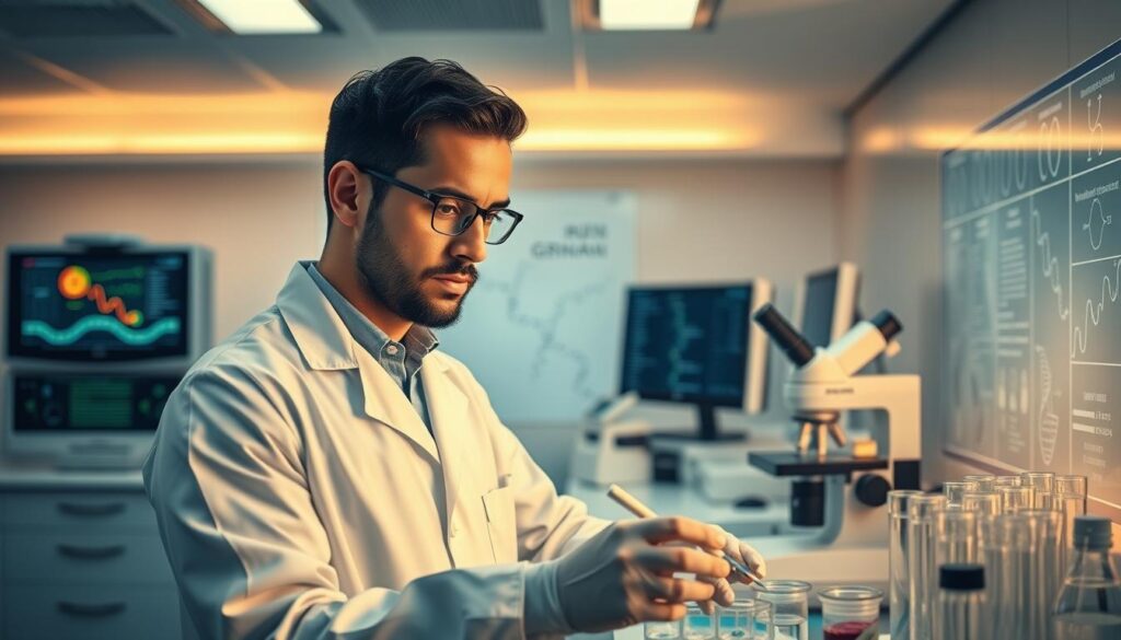 A state-of-the-art medical laboratory, bathed in soft, warm lighting. In the foreground, a scientist in a pristine white coat carefully handling genetic testing equipment - pipettes, petri dishes, and microscopes. The midground reveals intricate diagrams and charts mapping the human genome, while the background showcases advanced computing systems and monitors displaying complex molecular structures. The atmosphere is one of focused intensity, as the scientist's expression conveys a deep dedication to unraveling the mysteries of the genetic code. The scene evokes a sense of scientific progress and the profound impact of genetic research on understanding and treating human conditions. A state-of-the-art medical laboratory, bathed in soft, warm lighting. In the foreground, a scientist in a pristine white coat carefully handling genetic testing equipment - pipettes, petri dishes, and microscopes. The midground reveals intricate diagrams and charts mapping the human genome, while the background showcases advanced computing systems and monitors displaying complex molecular structures. The atmosphere is one of focused intensity, as the scientist's expression conveys a deep dedication to unraveling the mysteries of the genetic code. The scene evokes a sense of scientific progress and the profound impact of genetic research on understanding and treating human conditions.
