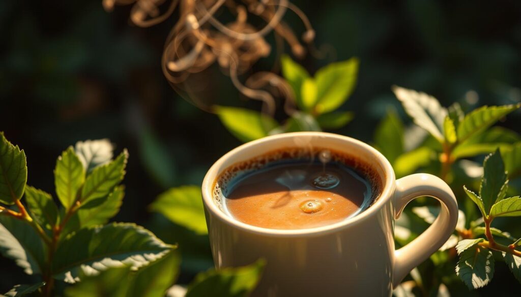 A steaming cup of rich, aromatic coffee set against a backdrop of lush greenery, illuminated by warm, natural lighting that casts a soft, inviting glow. The coffee itself is the focal point, its surface glistening with a hint of cream or froth, suggesting its ability to potentially alleviate the effects of erectile dysfunction. The composition is balanced, with a sense of tranquility and wellness, hinting at the potential benefits of this lifestyle factor in addressing the condition.