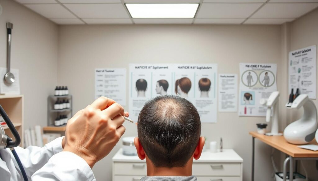A sterile, well-lit medical examination room. In the foreground, a doctor's hands delicately inspecting a patient's scalp, examining the thinning hair and identifying signs of telogen effluvium. In the middle ground, various hair loss treatment options are displayed, including hair supplements, topical solutions, and therapeutic devices. The background features diagrams and charts outlining the causes and stages of telogen effluvium, providing context for the treatment being explored. The scene conveys a sense of professionalism, care, and the patient's journey to restoring hair health. A sterile, well-lit medical examination room. In the foreground, a doctor's hands delicately inspecting a patient's scalp, examining the thinning hair and identifying signs of telogen effluvium. In the middle ground, various hair loss treatment options are displayed, including hair supplements, topical solutions, and therapeutic devices. The background features diagrams and charts outlining the causes and stages of telogen effluvium, providing context for the treatment being explored. The scene conveys a sense of professionalism, care, and the patient's journey to restoring hair health.