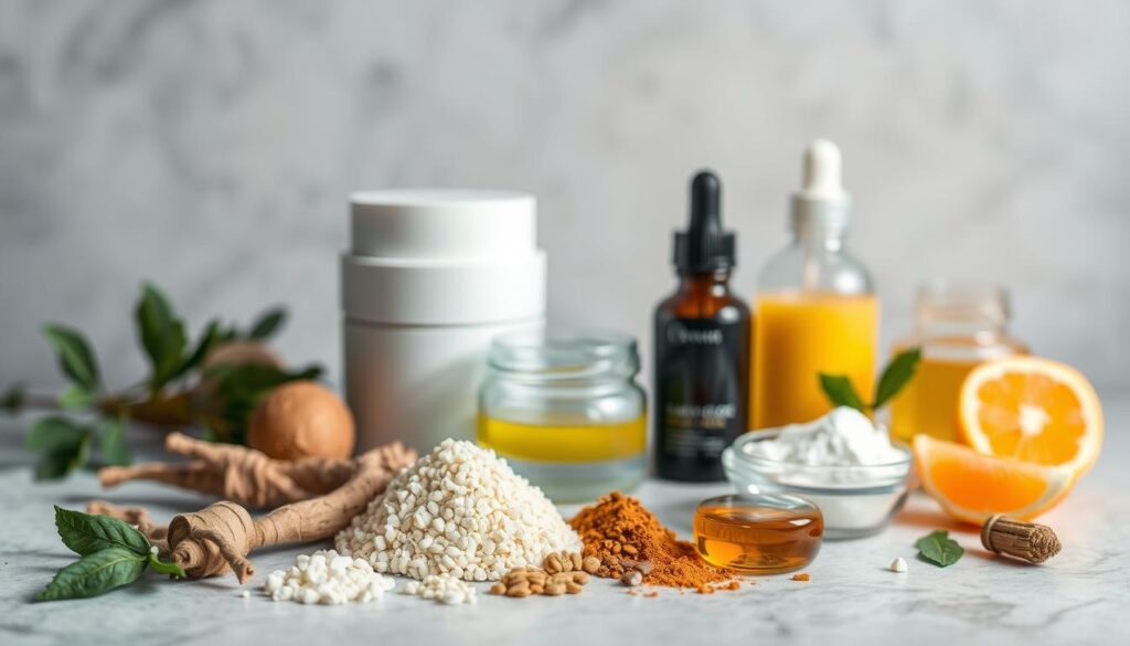 A still life arrangement showcasing various skincare ingredients commonly used to treat hyperpigmentation. In the foreground, an assortment of botanical extracts such as licorice root, kojic acid, and vitamin C derivatives are neatly displayed on a neutral-toned surface. The middle ground features glass jars containing serums and creams infused with these active ingredients. In the background, a soft, diffused lighting creates a calming, spa-like atmosphere, emphasizing the natural, scientific approach to fading dark spots and uneven skin tone. A still life arrangement showcasing various skincare ingredients commonly used to treat hyperpigmentation. In the foreground, an assortment of botanical extracts such as licorice root, kojic acid, and vitamin C derivatives are neatly displayed on a neutral-toned surface. The middle ground features glass jars containing serums and creams infused with these active ingredients. In the background, a soft, diffused lighting creates a calming, spa-like atmosphere, emphasizing the natural, scientific approach to fading dark spots and uneven skin tone.