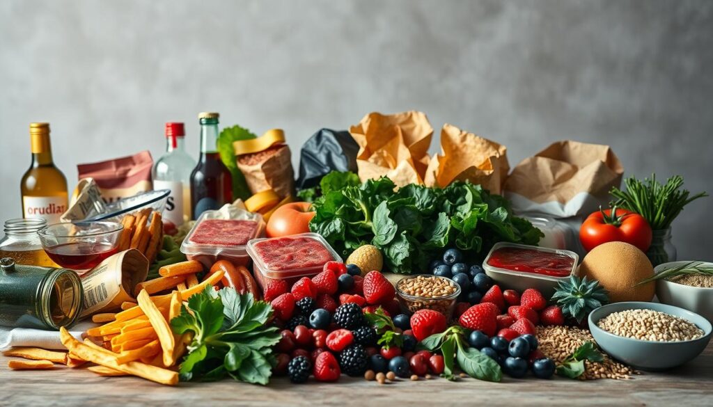 A still life scene depicting an array of foods that should be avoided during preconception. In the foreground, a collection of unhealthy items such as fast food, alcohol, and sugary snacks are arranged haphazardly. In the middle ground, a variety of fresh, nutrient-dense foods like leafy greens, berries, and whole grains are displayed in an orderly fashion. The background features a soft, blurred backdrop, with muted colors to create a sense of seriousness and caution. The lighting is soft and natural, highlighting the contrasting textures and colors of the various food items. The overall composition conveys the importance of a fertility-focused diet, while clearly distinguishing between foods to avoid and those to embrace during the preconception stage.