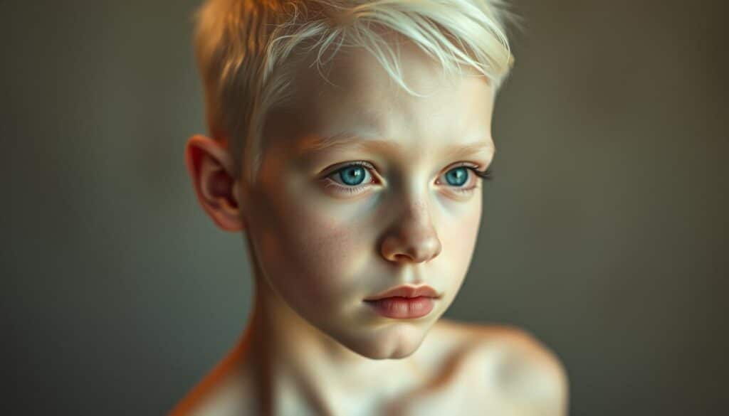 A striking portrait of a young person with albinism, their pale, luminous skin and platinum hair glistening under warm, soft lighting. The subject gazes with a thoughtful, calm expression, challenging common misconceptions about albinism. The scene is set against a subtly blurred, neutral background, allowing the figure to take center stage. The overall mood is contemplative and serene, inviting the viewer to see beyond the surface and appreciate the unique beauty and humanity of the subject. A striking portrait of a young person with albinism, their pale, luminous skin and platinum hair glistening under warm, soft lighting. The subject gazes with a thoughtful, calm expression, challenging common misconceptions about albinism. The scene is set against a subtly blurred, neutral background, allowing the figure to take center stage. The overall mood is contemplative and serene, inviting the viewer to see beyond the surface and appreciate the unique beauty and humanity of the subject.